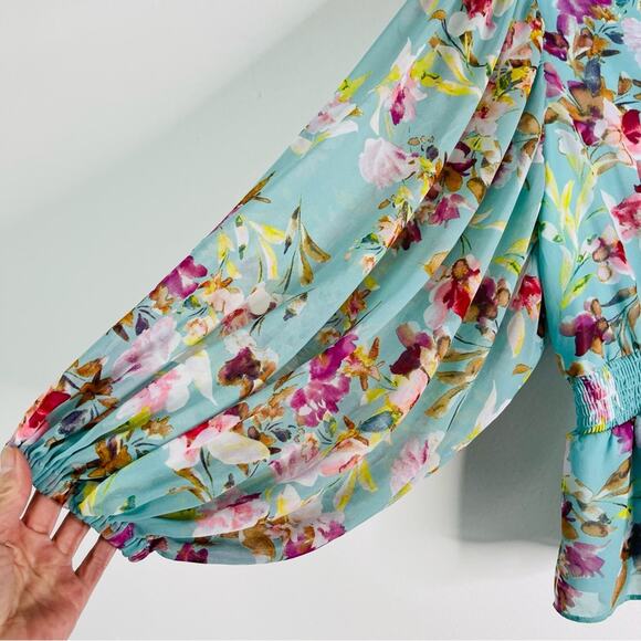 Sam & Jess blue pink floral boho chiffon blouse large - Picture 5 of 9